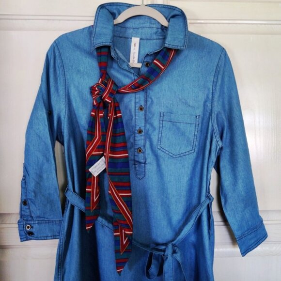 Vanilla Bay Chambray Denim 3/4 Sleeve Button Shirt Short Dress w/Scarf SZ LG EUC - Picture 8 of 11